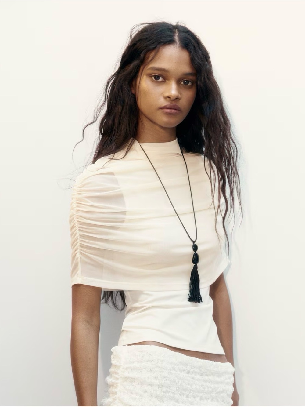 H&M butter yellow Sheer Ruched-Sleeve Top